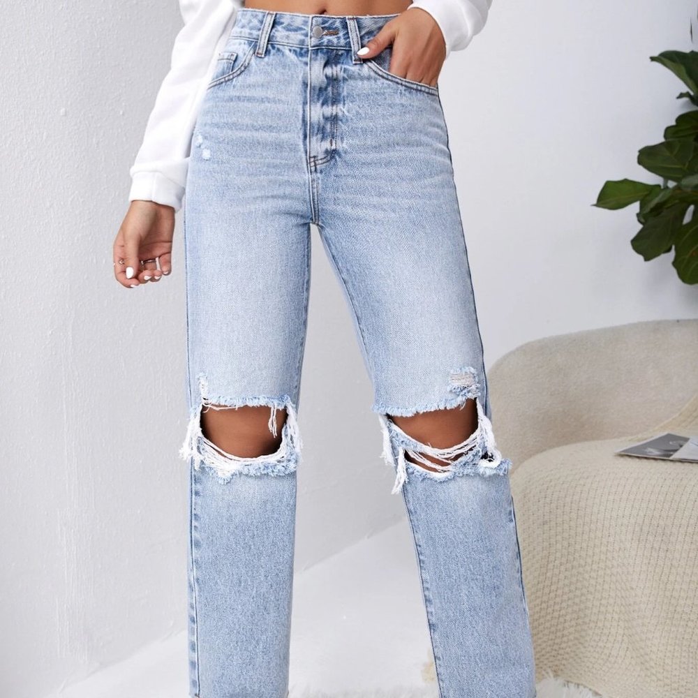 Blue Casual Womens Ripped Raw Cut Straight Leg Jeans - Picture 2 of 5